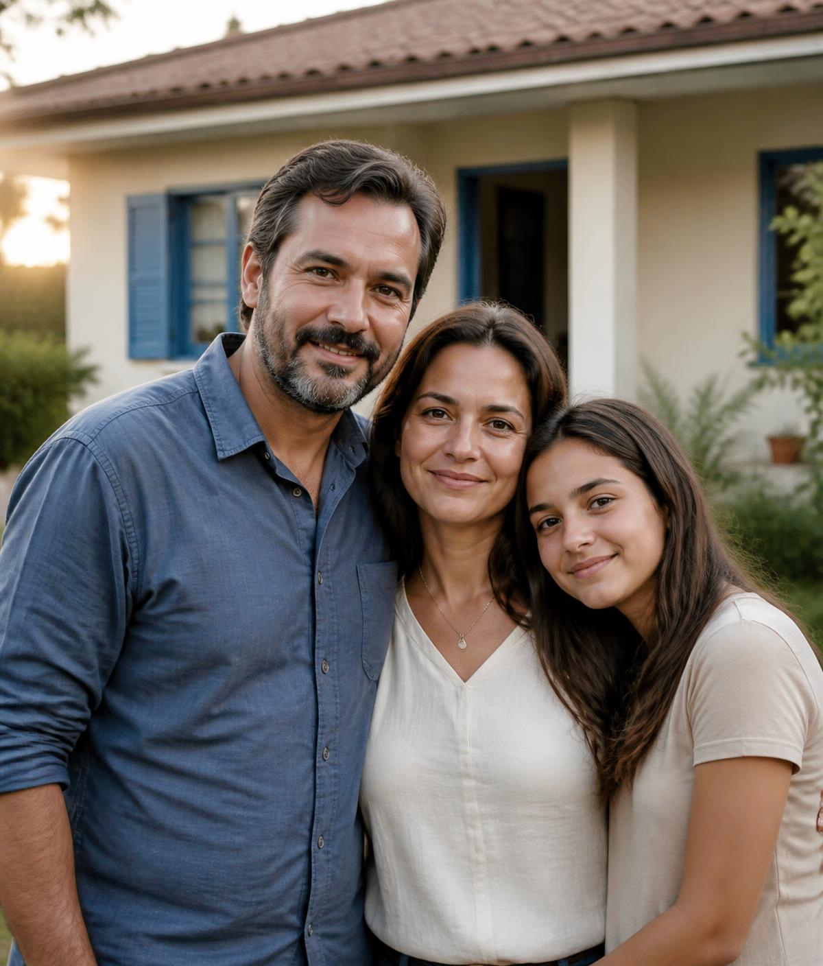 Família em frente à sua casa, em clima tranquilo, no fim da tarde